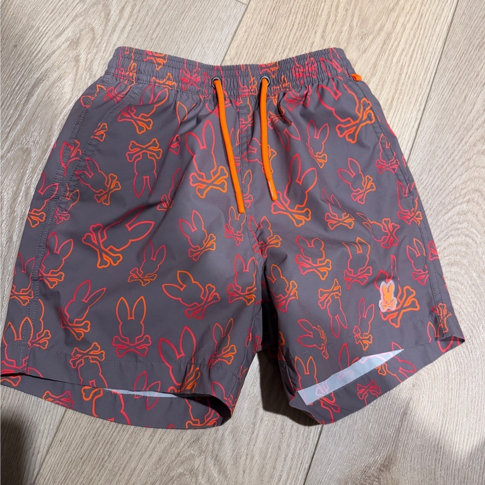 Psycho Bunny Boys Swim Trunks Gray Orange Neon Bunny Logo Shorts Size 7-8 S